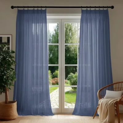 Linen-Look Foil Sheer Curtains – Blue