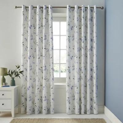 White Blue Floral Blackout Curtain